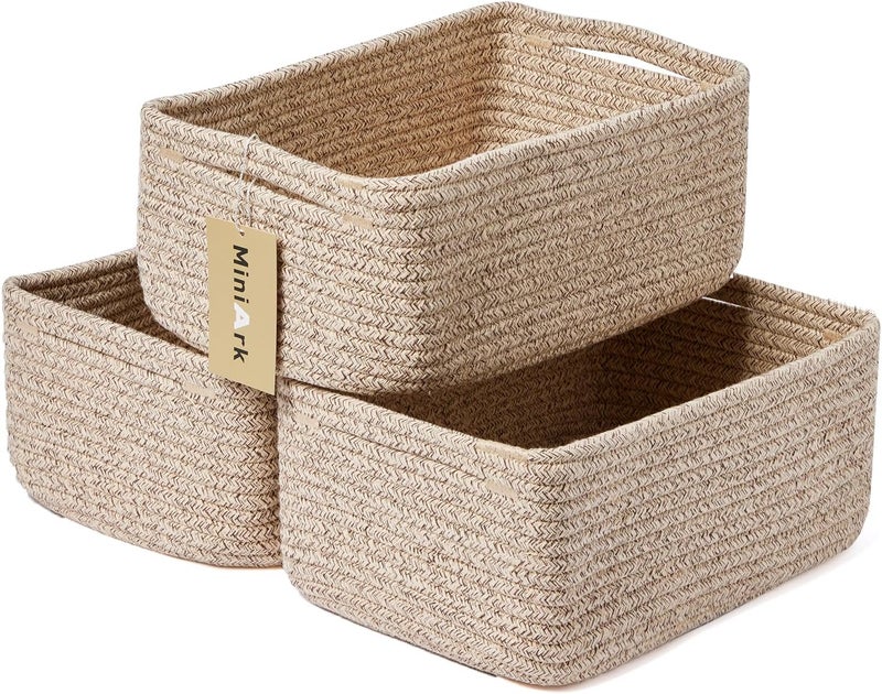 MiniArk Small Storage Baskets for Organizing | Closet Organizer Bins | Shelf Toy Basket | Woven Rope Baskets | Cube Decorative Box | Shallow Basket | 13x8.5x5.1” | 3 Packs Mixed Brown - Image 1